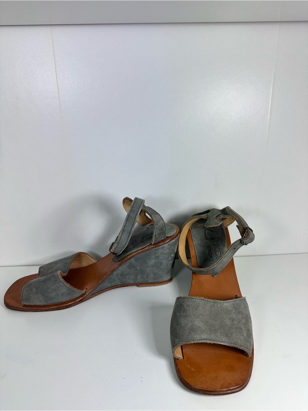 K Jacques St. Tropez Women’s Gray Suede Wedge Sandals with Ankle Strap 3”